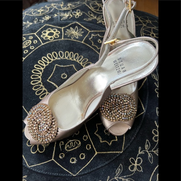 Stuart Weitzman 7 Rhinestone Heels Bronze Slingback Leather Shoes Metallic - Picture 2 of 15